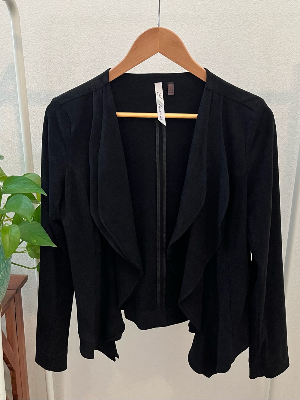 NY Collection Women's Black Suede Draped Open Front Jacket